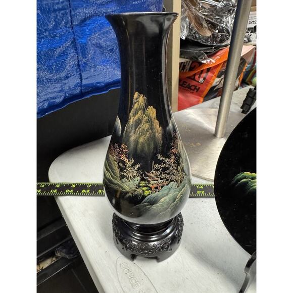 Vintage Fujian Lacquer Ware Asian Hand Painted Set 2 Vases 1 Plate In Box Papers - Picture 3 of 16